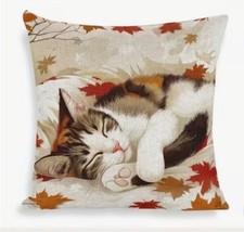 Cat Kitty Napping Fall Leaves Double Side Linen Throw Pillow Cover Holiday Decor