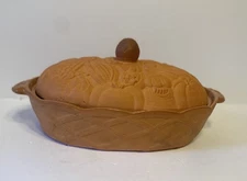 Terra Cotta Clay Baker Baking Dish Vegetable Design- Handle On Lid