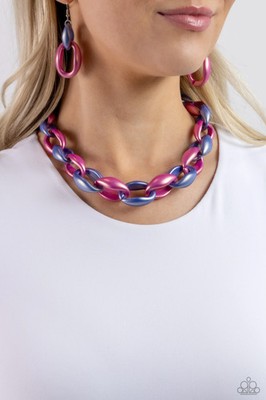 NWT Short Pink Blue Link Paparazzi Statement Season Multi Necklace Earring Set