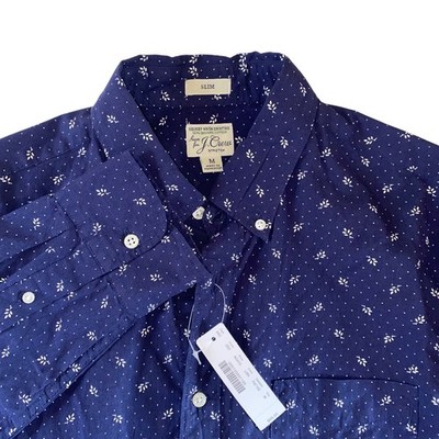 NWT J.Crew Slim Fit Button Down Shirt Navy w/ Leaf Print Organic Cotton Men M