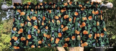 Orange Citrus Valance - Botanical Oranges on Black Curtain - Bold Fruit Kitchen