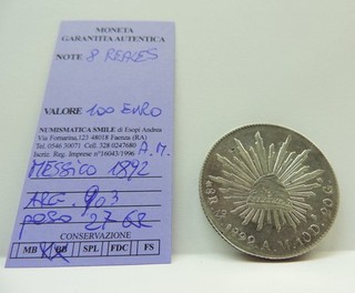 RARA MONETA IN ARGENTO DEL MESSICO DA 8 REALES 1892 A.M. PESO 27 GR. COND. "QBB"