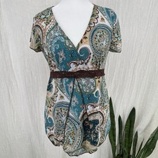 Y2K Paisley Babydoll Boho Tunic Top M Hippie Fairy Grunge Indie Earthy Lace Vtg