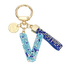 Initial Letter Keychain, Gift Bling Letter-V Key Chain for Women, Blue