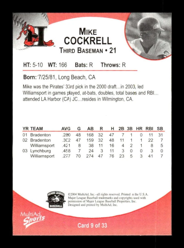 2004 Multi-Ad Hickory Crawdads #11 Mike Cockrell NM Near Mint BXCP05 - Image 2 of 2