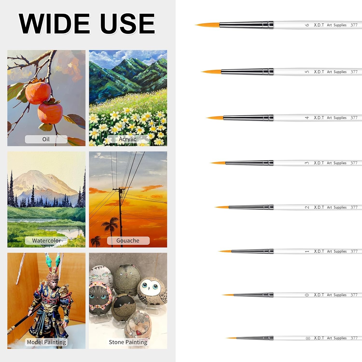 XDT#377 Fine Paint Brushes for Acrylic Painting, #00#0#1#2#3#4#5#6, White 8pc 