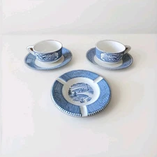 Currier And Ives Royal Blue Tea Cups Saucer And Ashtray Set Vintage