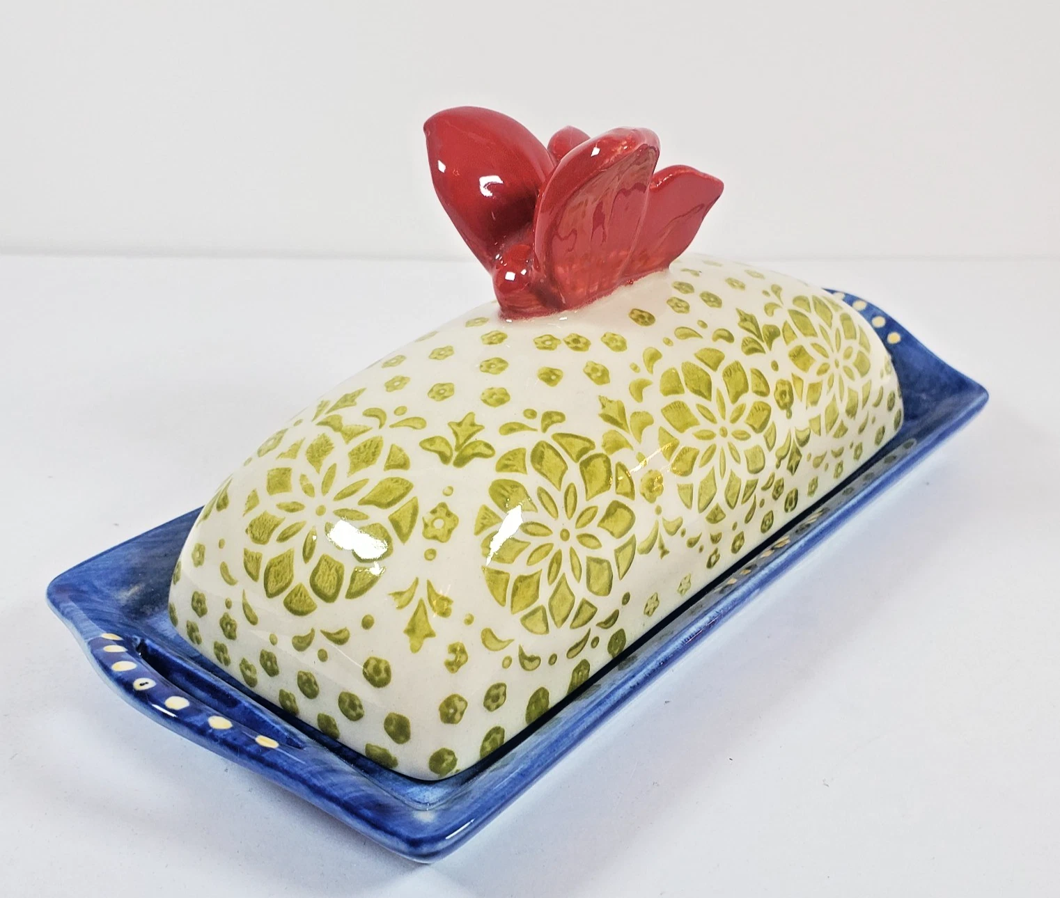 Pier 1 Covered Butter Dish Butterfly Handle Hand Painted Green Floral Pattern