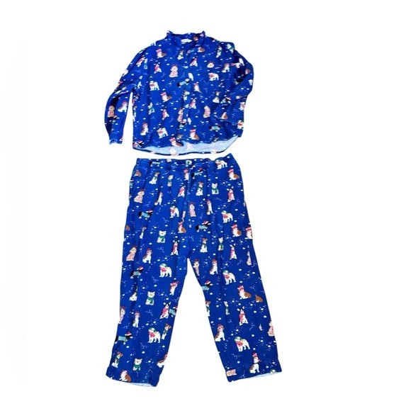 The Company Store Navy Blue Cats Dogs Christmas Print Flannel Pajama Set XXL
