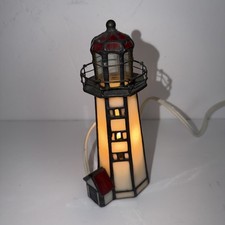 Vintage Tiffany Style Genuine Stained Glass Lighthouse Accent Lamp 7.75 x 2.5