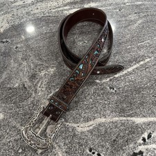 Ariat Ladies Floral Tooled Turquoise Inlay Belt Iridescent Buckle A1513402 XL