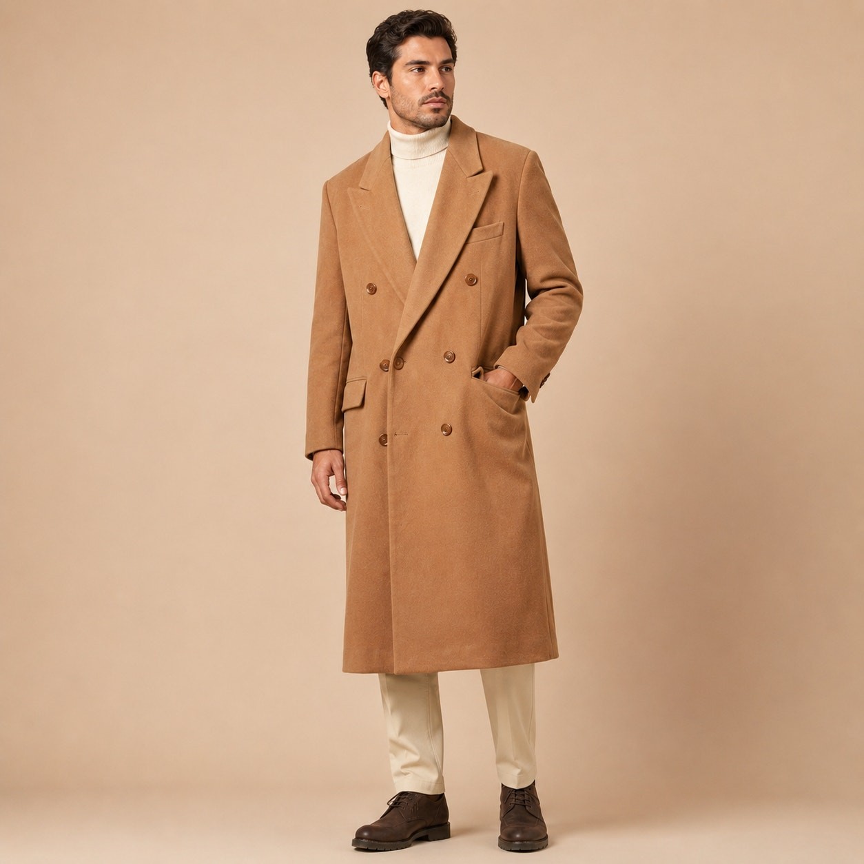 Vintage Hugo Boss Double Breasted Coat Mens 50 Camel Wool Germany Peak Lapel