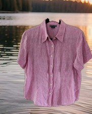 Lands End Women Linen Large Pink Shirt Button Size 14 Petite Collar Beach Casual