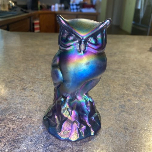 Fenton Iridescent Carnival Glass Owl Figurine - Amethyst - 6"