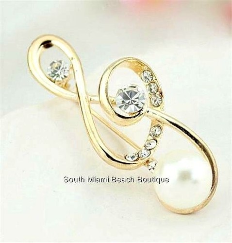 Pearl Clef Music Note Pin Brooch Musician Teacher Graduation Gift Crystal - Picture 2 of 12