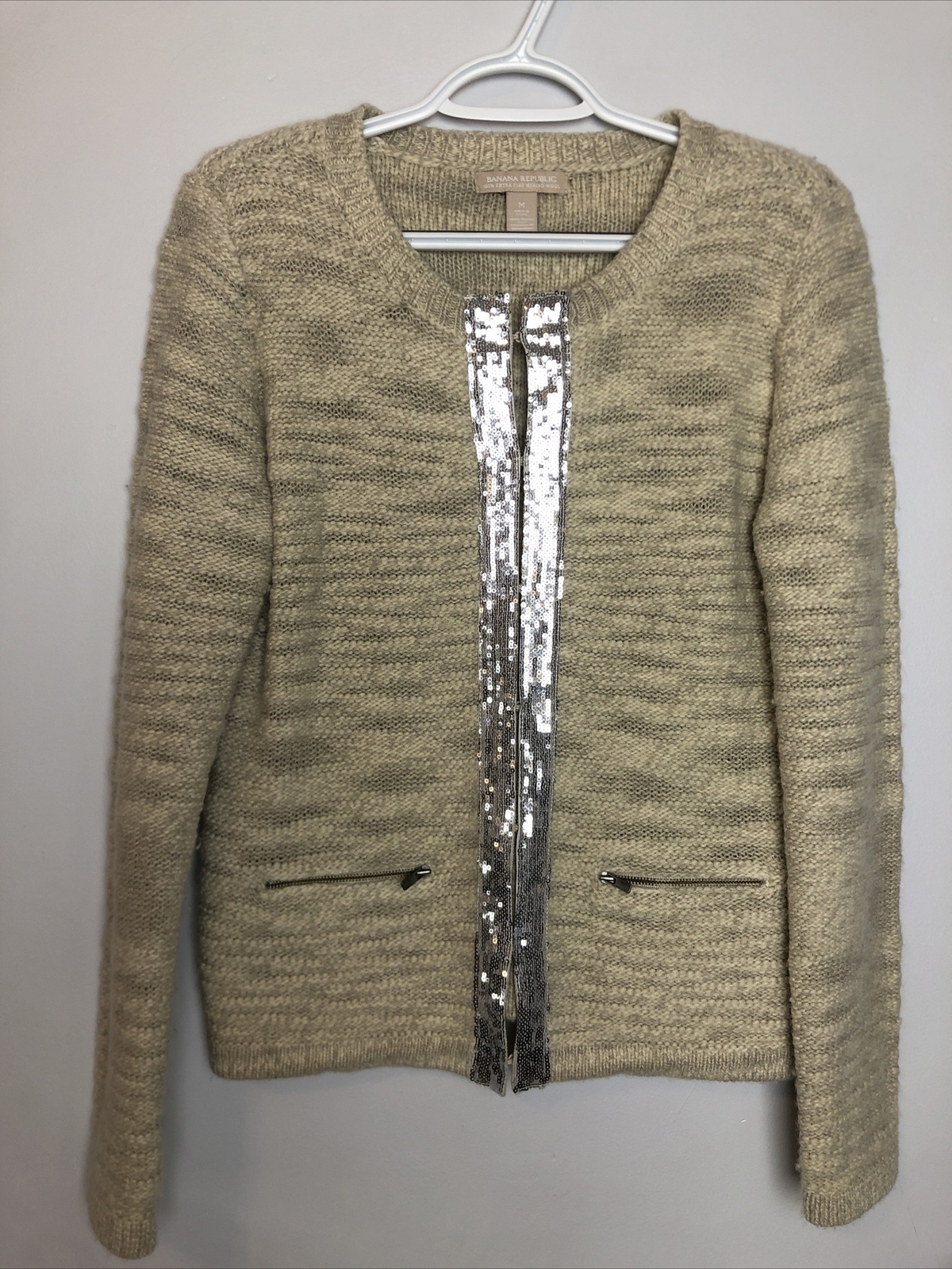 Banana Republic Womens Beige Merino Wool Sequin Sweater Size M – Extra Fine Knit  
