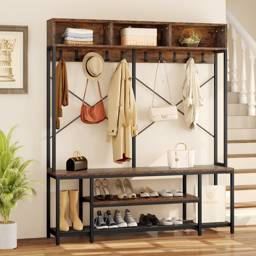Entryway Bench with Coat Rack Hall Tree Shoe Storage Shelves with 10