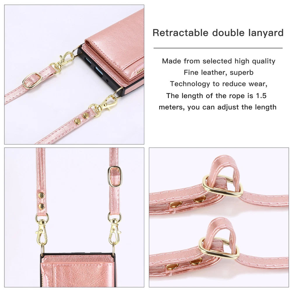 Phone Case PU Leather Credit Bank Card Holder Back Cover Shoulder Strap Cord