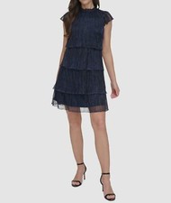 Vince Camuto Women's Blue Metallic Crinkled Tiered Mock Neck Dress Size 2