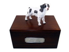 Beautiful Paulownia Wood Personalized Urn With Liver  White Brittany Figurine