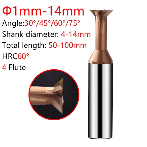 Ф1-14mm Dovetail Milling Cutter Solid Carbide End Mill 4 Flute 30°-75° For Steel