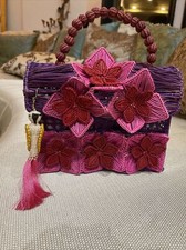 Mercedes Salazar Woven Straw Flowers Beads Handbag, Parrot Charm, Neiman Marcus