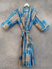 Indian Blue Pure Cotton Large Tiger Kimono Night Gown Night Robes Bridal Gown US