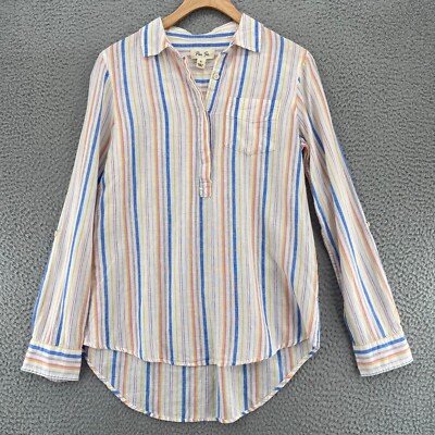 Per Se Top Womens Small White Multi Striped Linen Blend Roll Tab Sleeves Popover