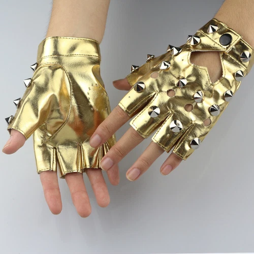 Women Faux Leather Fingerless Gloves Gothic Half Finger Stud Rivet Punk Gloves-- - Picture 3 of 29