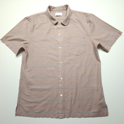BLDWN Mens Shirt Medium Dull Pink Blue Silk Cotton Windowpane Check Thin Drape M