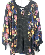 Counterpart Women's Top XL Floral Colorful Woven Mixed Prints Pleated 3/4 Sleeve