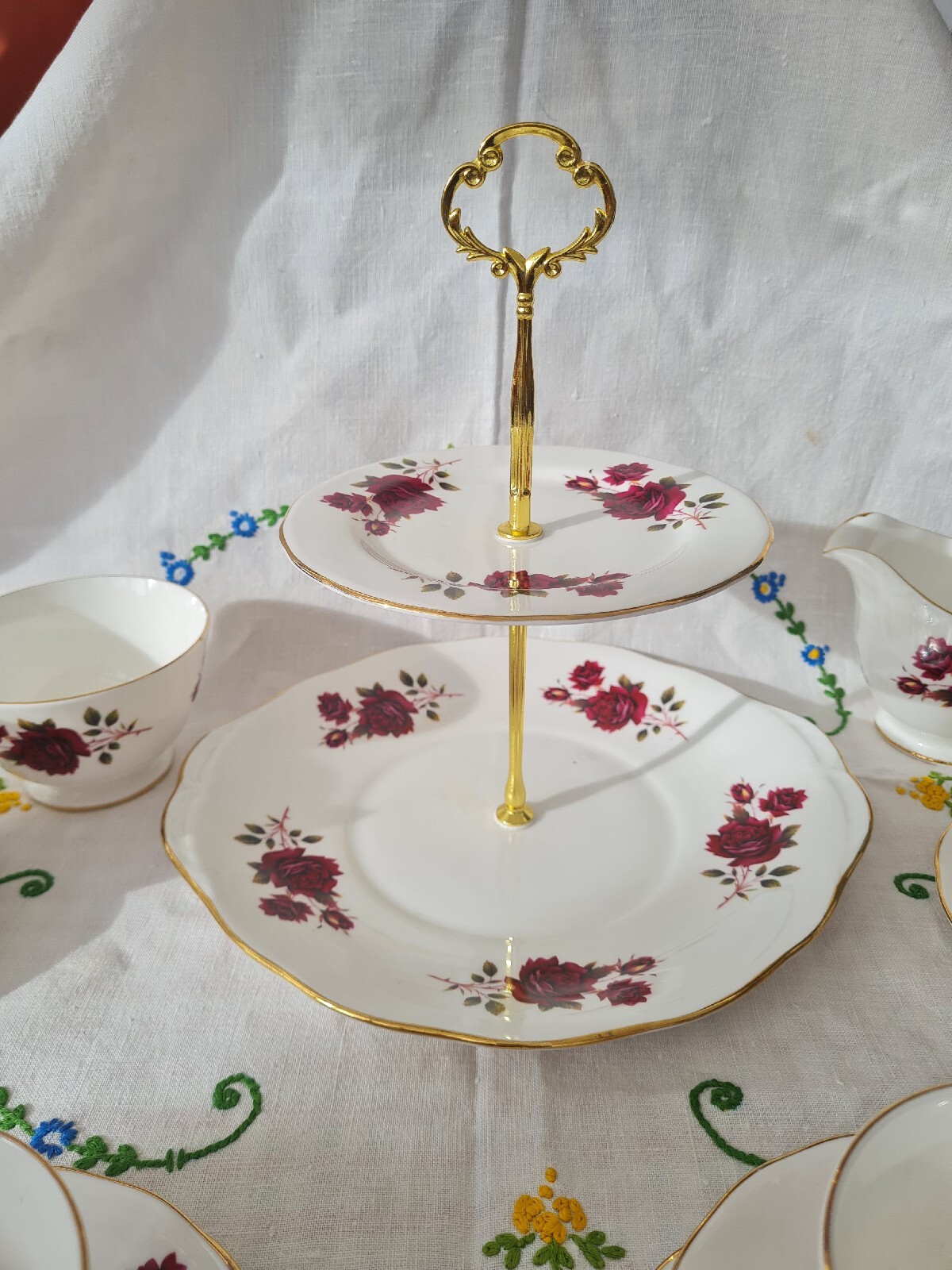 Vintage Gainsborough Bone China Red Roses Teacups Trios Tea Set With