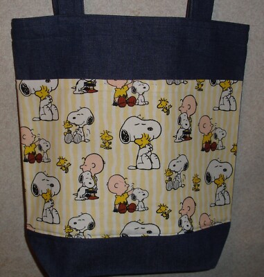 NEW Large Denim Tote Bag Handmade/w Snoopy Peanuts Woodstock CharlieBrown Fabric