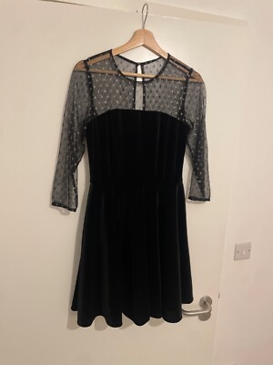 Jack Wills Black Velvet Dress with Black and Silver Mesh Detail