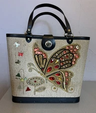 60s Vintage Jeweled Butterfly Canvas Vinyl Bucket Tote Purse Handbag ec style