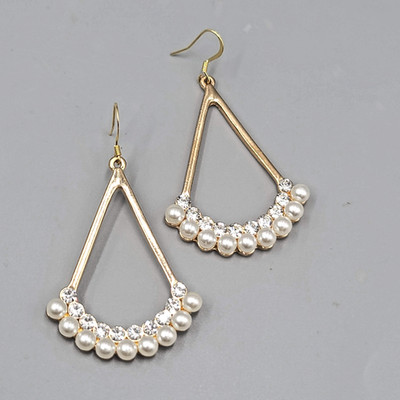 Open Triangle Faux Pearl Rhinestone Pierced Earrings Gold tone Dangle  2''