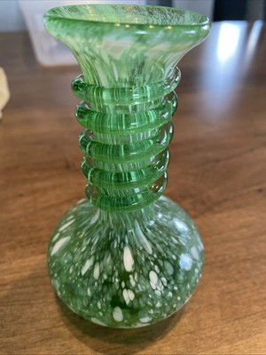 Hand Blown Glass Vase With Green And White Spatter Decoration, Applied Spiral 