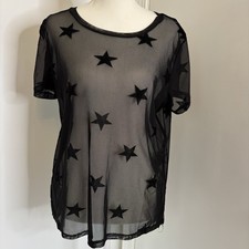 Y2K Black Sheer Star Mesh Tee Perfect for Festivals Raves Whimsigoth Grunge