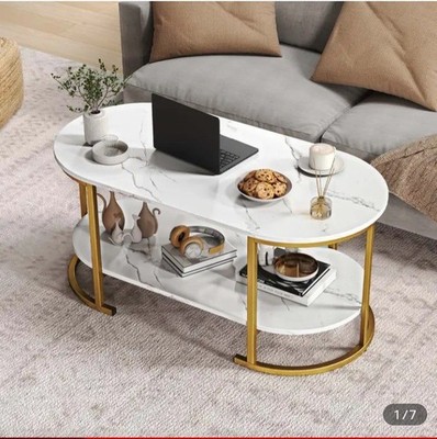 Moderner ovaler Couchtisch mit Kunstmarmorplatte & strapazierfähigem Metallgestell 