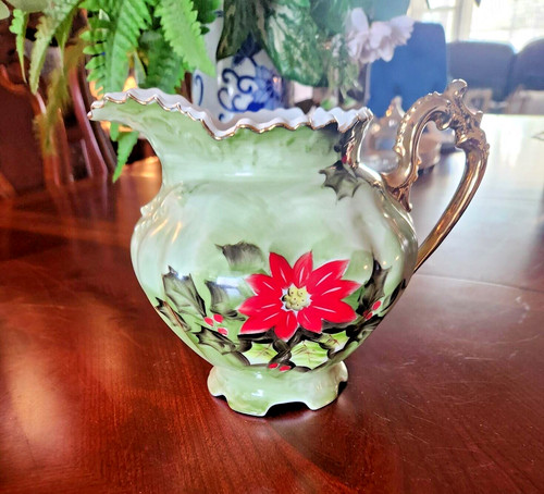 Vintage Lefton Christmas Poinsettia Pitcher, Hand-Painted China