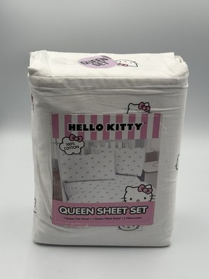 Hello Kitty White Queen Sheet Set Pink Bows 100% Cotton 4pc NWT Sanrio