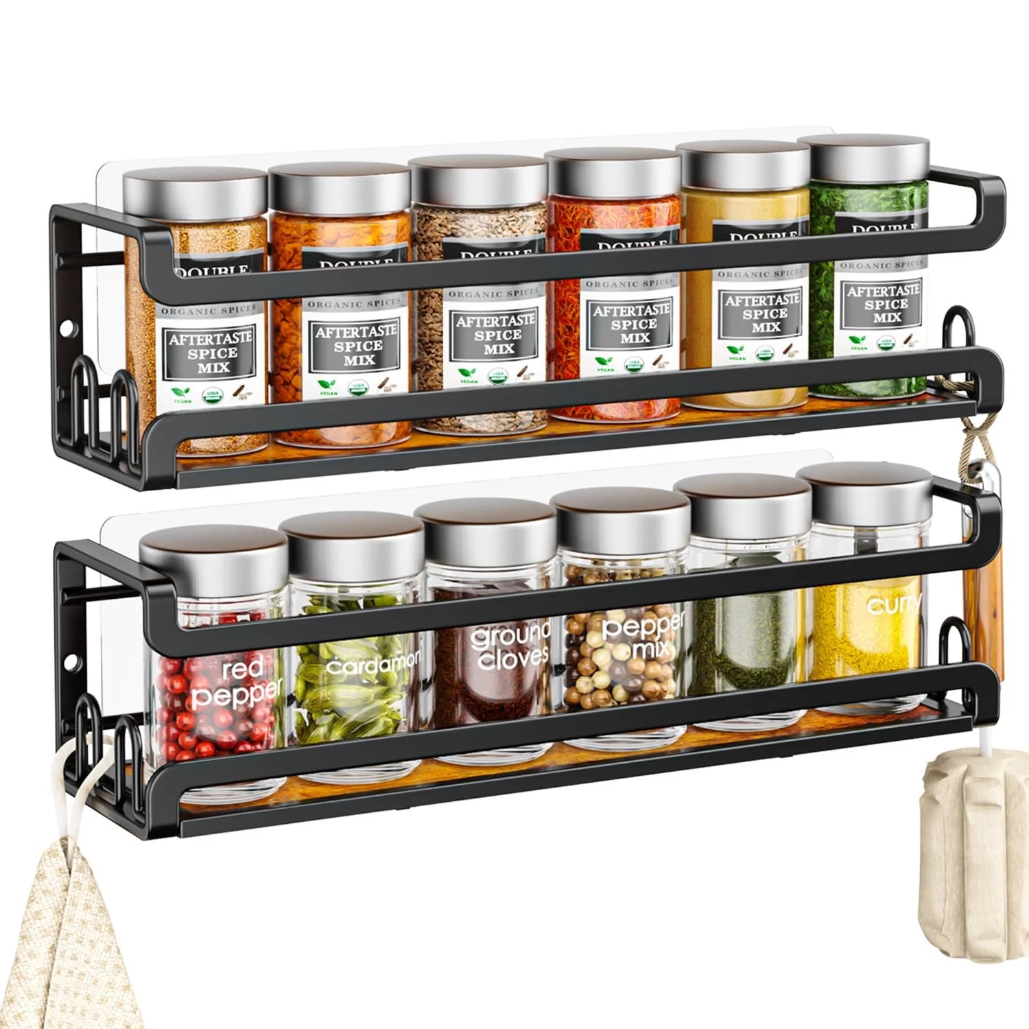 2 PCS Wall Mounted Spice Rack With 16 Hooks Rustic Wood Organizer Shelf New