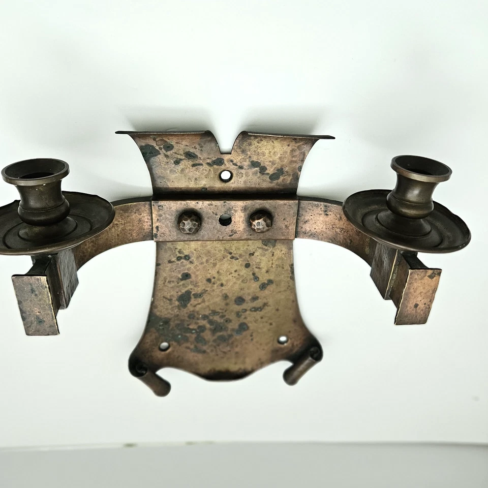 VTG Hand Hammered Arts  & Crafts Copper Brass Wall Sconce Double Candleholder - Image 3 of 4