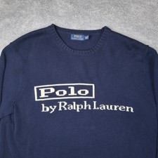 Polo Ralph Lauren Cable Knit Sweater Blue Mens XL Logo Spell Out Jumper
