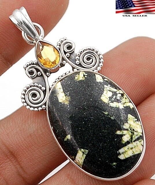 Natural Chinese Writing Stone & Citrine 925 Solid Sterling Silver Pendant @19-4