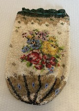 Antique Micro Glass Beaded Floral Purse Drawstring Bag Multicolor Rose Bouquets