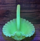 VINTAGE FENTON OVG FINE CUT AND BLOCK  BASKET WITH HANDLE URANIUM GLASS