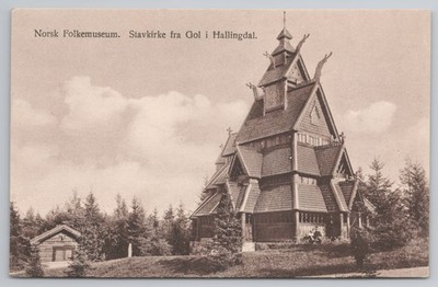 Norwegen Gol Stabkirche Norsk Folkemuseum O. Vaering Postkarte 1922 mit Zettel