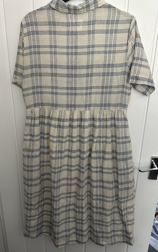 Folk Plaid Check Dress Size 2 UK 10 Blue Cream Linen Cotton blend Short Sleeve - Picture 13 of 15