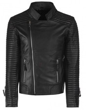 Men's Black Genuine Lambskin Leather Jacket Quilted Motorcycle Biker Coat Slim